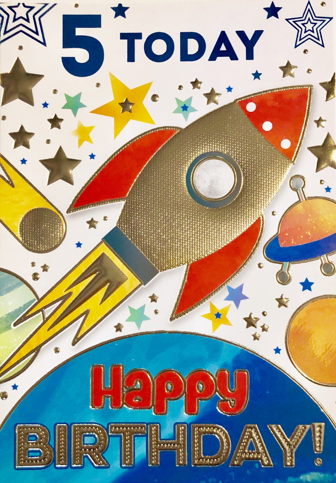 5 today happy Birthday! greetings card, spaceship theme, brand new