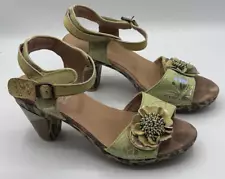L'Artiste Lmen Step Wildcat Green Leopard Ankle Strap Sandals EU 39-US 8.5