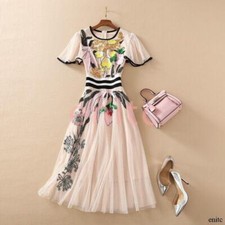 Women CrewNeck Floral Sequins Princess Dress Short Sleeve High Waist Party Dress