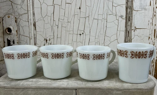 4 Pyrex Coffee Mugs/Cups Milk Glass Copper Filigree Brown White Vintage READ