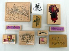 Wood Mounted Rubber Stamps Lot of 11 Used - Assortment - Good Condition