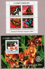 S. Tome 2004 Set Of 2 Stamps Sheets Butterflies Singapore Exhibition MNH #14029