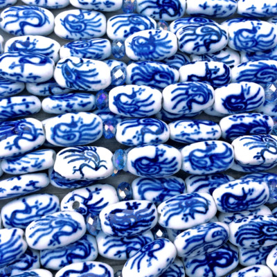 Blue White China Mixed Motifs 17x10mm Flat Rectangle Ceramic Beads Q2 Strands 