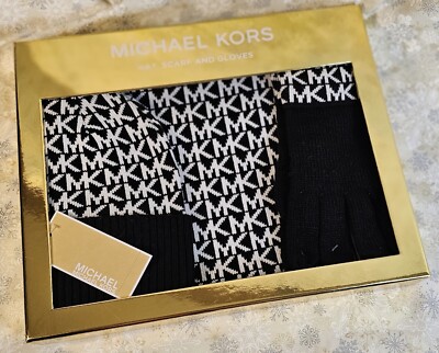 Michael Kors Piece Scarf Hat Glove Boxed Set Black w/MK Logo FREE  SHIPPING!