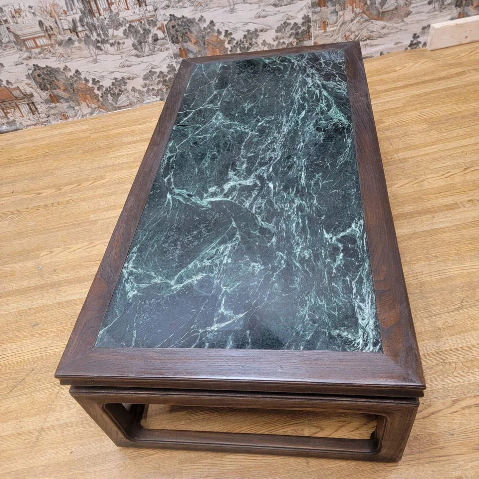 Antigua mesa de centro de olmo de la provincia de Shanxi con tapa de piedra de mármol verde Foto 4 de 4