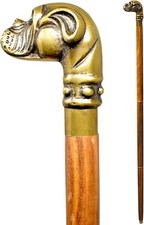 Vintage Designer Brass Bulldog Face Handle Walking Stick Victorian Wooden Cane