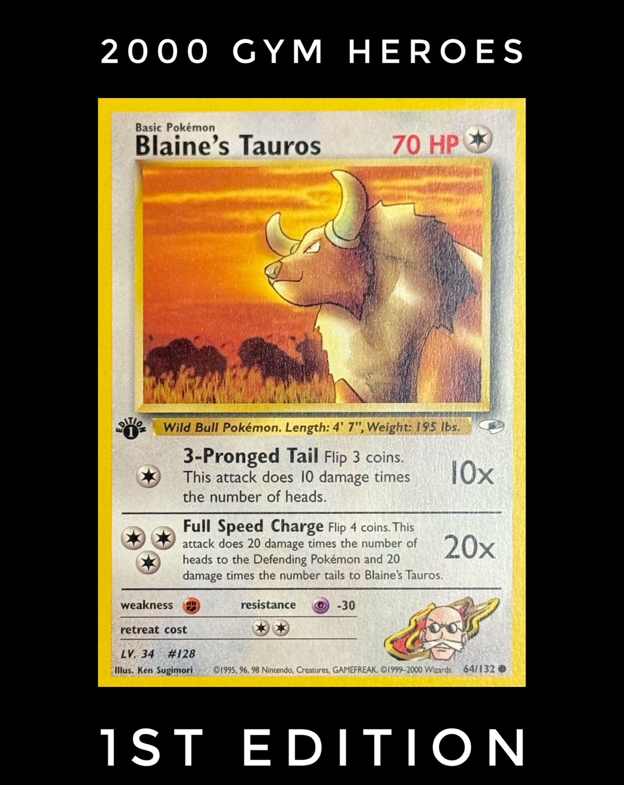 Blaine’s Tauros 2000 Pokemon Gym Heroes 64/132 1st Edition Common NM/M WotC