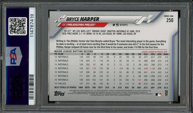 2020 Topps #250 Bryce Harper GEM-MT PSA 10 Philadelphia Phillies 7419 view 2