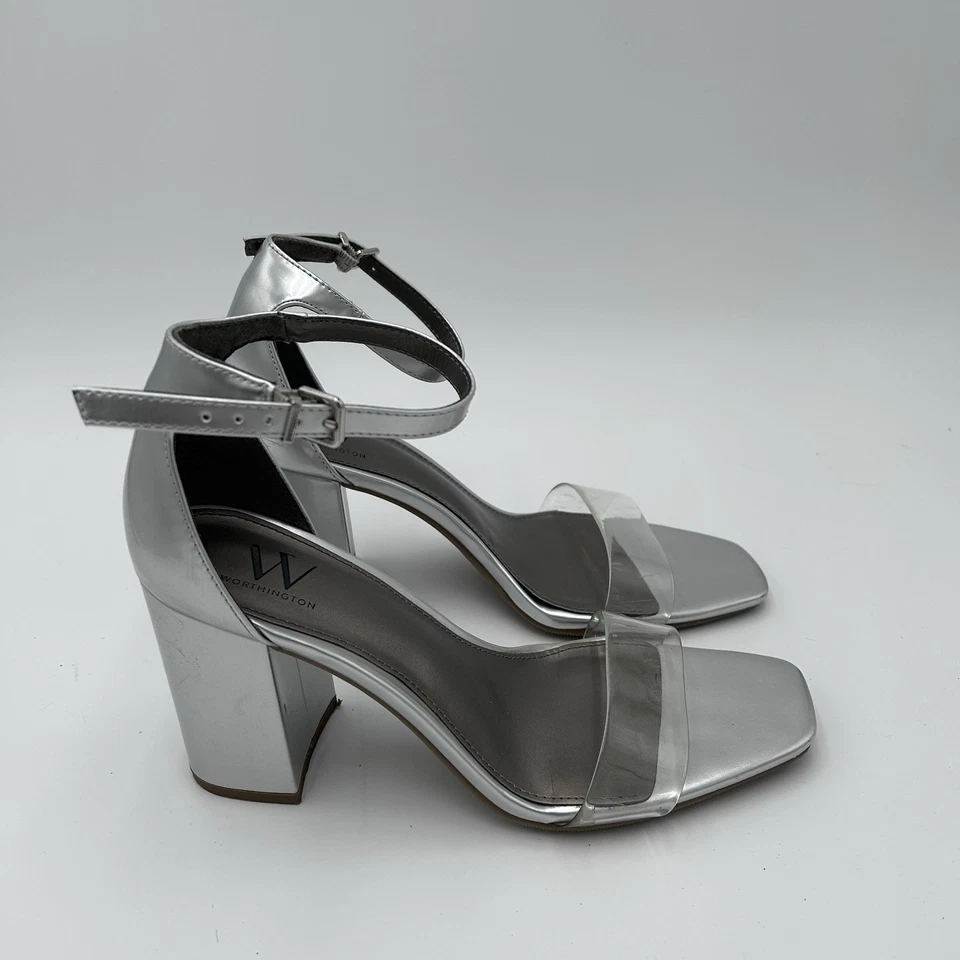Sandalias Worthington para mujer plateadas de tacón bloque talla 8,5 M correa transparente hebilla al tobillo Foto 2 de 4