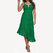 NWOT Guess Womens Green Eyelet Cotton Ruffle Asymmetrical Midi Dress Size 4