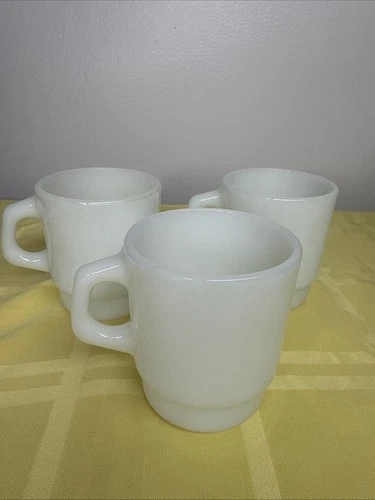 Vintage Anchor Hocking Fire-King Stackable Coffee Mug Cup Milk Glass White Set 3