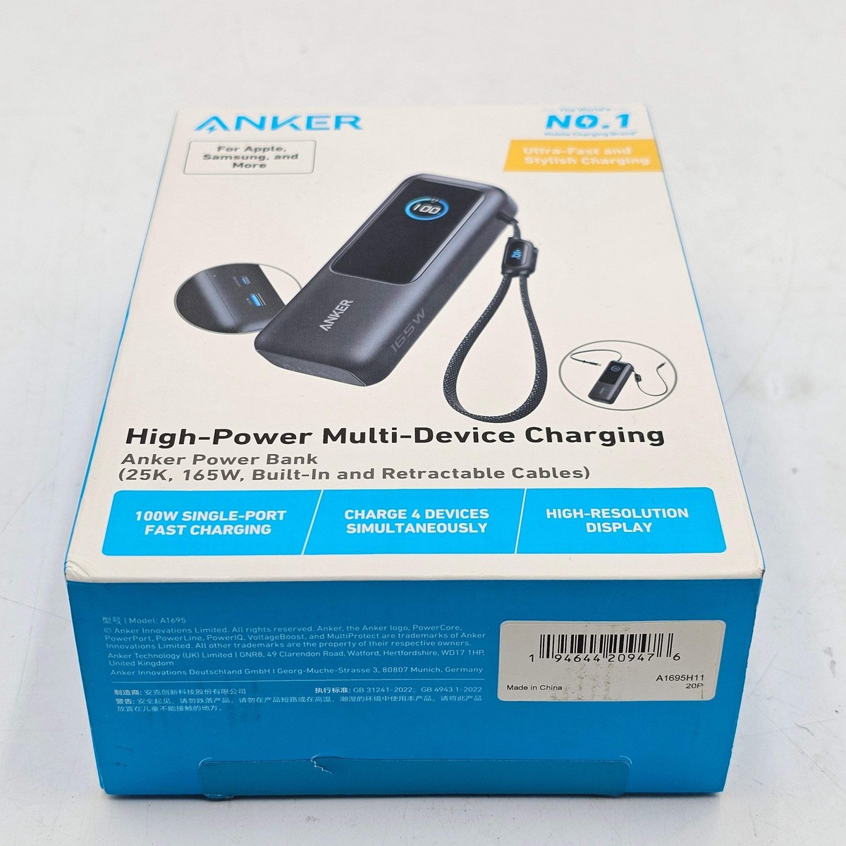 Anker 25000mAh 165W Power Bank Fast Charge Built-in Cables