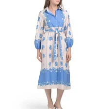 Celina Moon Long Sleeve Bell Print Midi Dress Sky Blue Size Large