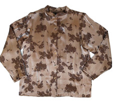 Citron Santa Monica Blouse Jacket Brown Rose Floral Button Up Mandarin Collar L