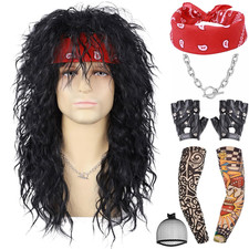 7Pcs Set 80S Long Curly Wig Mens Mullet Black Rocker Costume Wig 70S 80S 90S Out