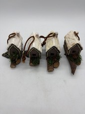 Set of 4 Winter Cabin Christmas Tree Ornaments on Real Wood Branch with Fabric