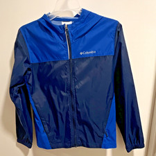 Columbia Boys M Blue/Navy Hooded Full Zip Lined Colorblock Windbreaker