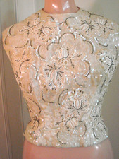 VTG 50s 60s Fitted Crop Top COCKTAIL SEQUINS Lace Beaded S B34 VGC Bodice lined