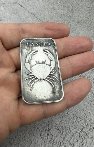Silver bar CANCER ONE OZ999 artistic bullion, 31.1 g. Made in the USA.