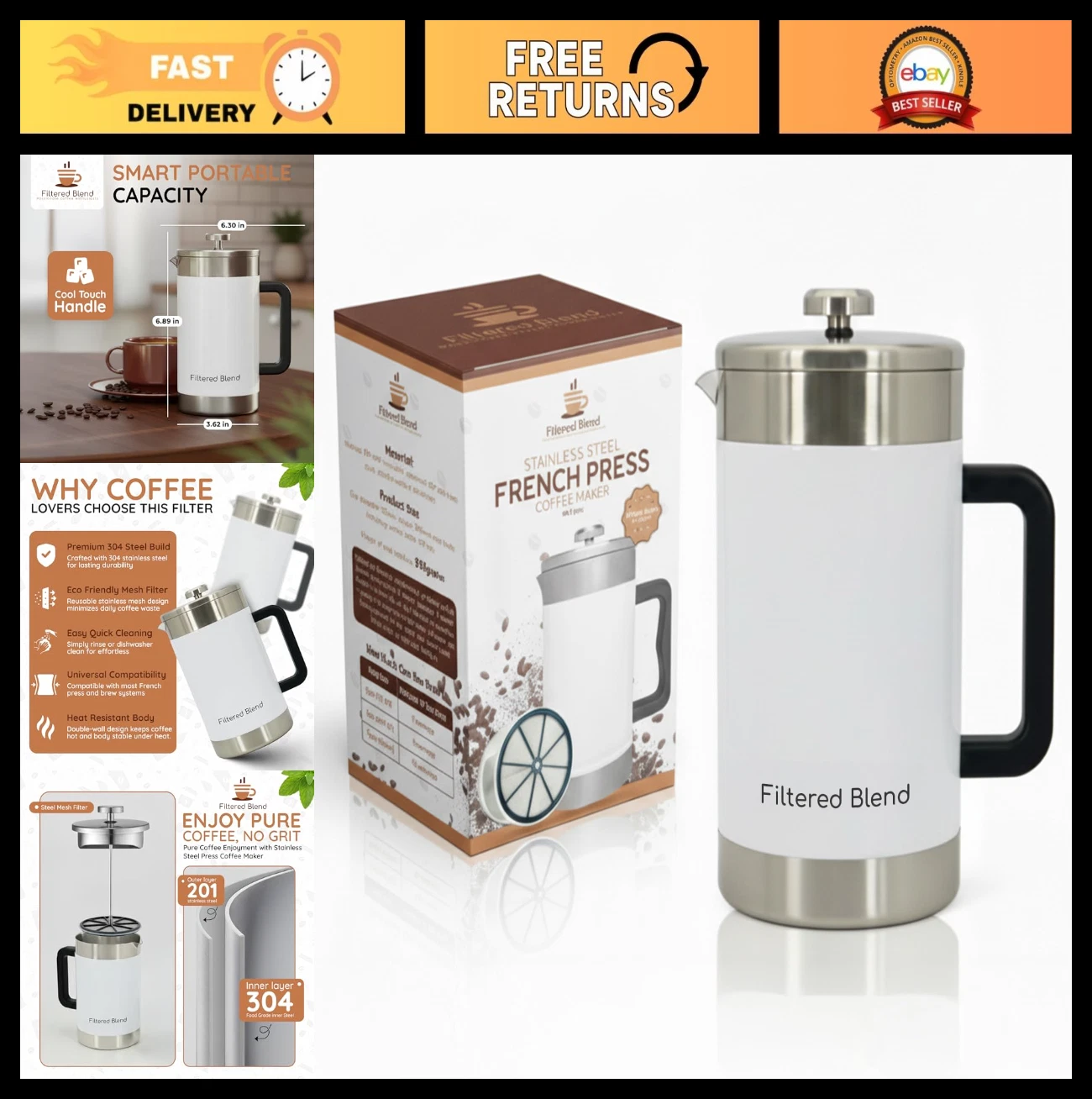 Large 1.6L French Press Coffee Maker - Stainless Steel Brewer, Double Filter, Tr