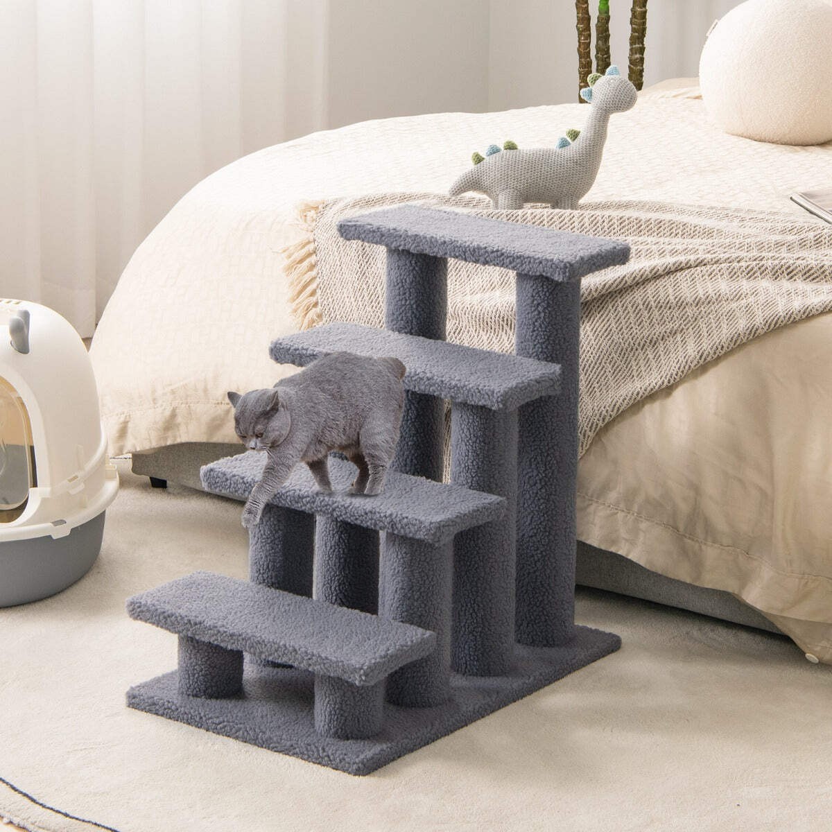 NNECW 4-Step Pet Stairs with Portable Design for Cats and Dogs-Grey