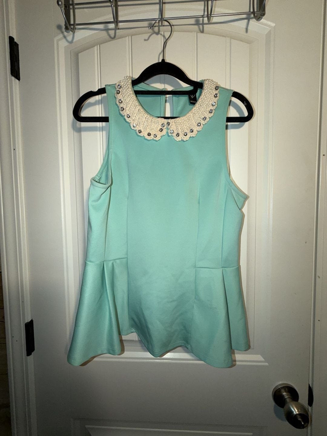 Windsor Mint Green Peplum Tank Top with Beaded and Rhinestone Peter Pan Collar