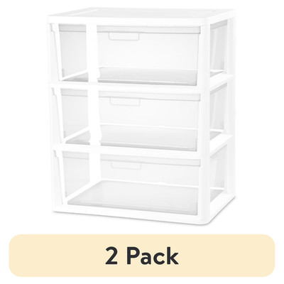 (2 pack) Sterilite Wide 3 Drawer Tower, Plastic Storage Organizer White