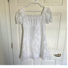 Women's L White Floral Lace Square Neck Puff Short Sleeve Smocked Mini Dress