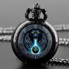 Black Wolf Pocket Watch   Full Hunter Case Quartz Watch with Chain