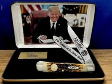 CASE XX PRES.TRUMP Amber Bone 24K Plated DJT Shield/ Trapper Knife/Display New
