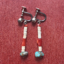 Turquoise Beaded Dangle/Drop Screw Back Earrings Silver Metal Ethnic Theme