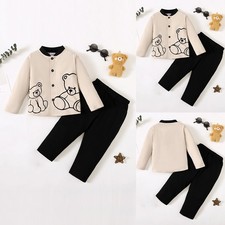 Kids Boys Bear Printed Long Sleeve Outfits Tops+Pants Sets 2PCS Toddler Clothes