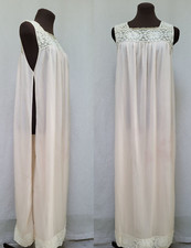 Vintage 50/60's Peach Nylon Chiffon Nightgown w/ Ivory Lace Trim - Size S/M