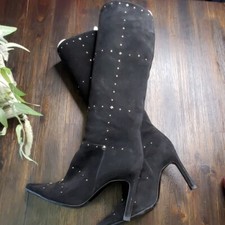 Casadei Black Suede Stiletto Silver Studs Boots Knee High Sz 6b Italy