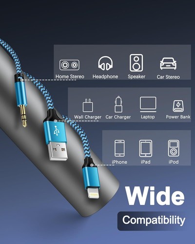 Car Aux Cord for Iphone, Lightning to 3.5MM Male Audio 2-In-1 MFI Certified 4Ft - Picture 7 of 8