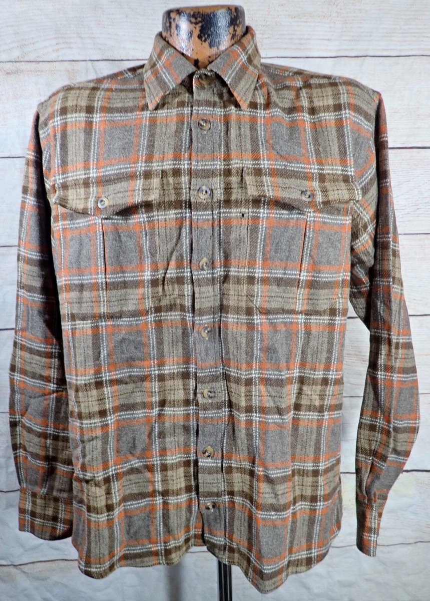 J Peterman Mens Wool Flannel Shirt Brown Gray Orange Plaid Medium