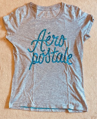 Aeropostale Damen Mädchen T-Shirt, Glitzer, Gr. 164-176 oder Gr. 36, grau melier