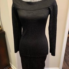 SI AVANCE Black Dress Off Shoulder Stretch Bodycon Sheath Embossed Design Small