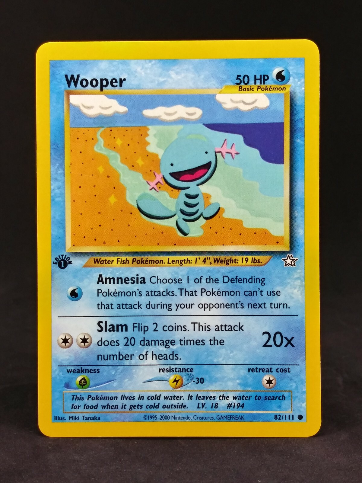 Neo Genesis 1st Edition Wooper #82. Near Mint 2000 WotC Pokemon card.
