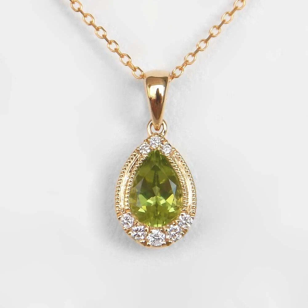 0.90 Ct Natural Peridot Diamond Teardrop Pendant Necklace in 14K