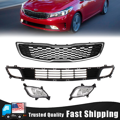 4PCS For 2017 2018 Kia Forte Front Bumper Upper Lower Grille & Fog Light Lamps
