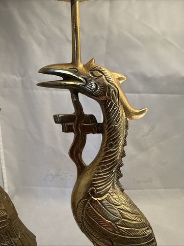 Juego de 2 grúas japonesas antiguas de latón macizo de pie sobre candelabro tortuga - Imagen 12 de 24