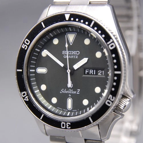 [EXC+5] Vintage SEIKO Silver WaveZ 7546-6060 39mm Black Day/Date QZ Men's Watch