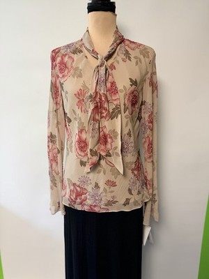 Vintage Pendleton Silk Sheer Top Sz 12 Floral Tie Neck Bell Sleeve Beaded Floral
