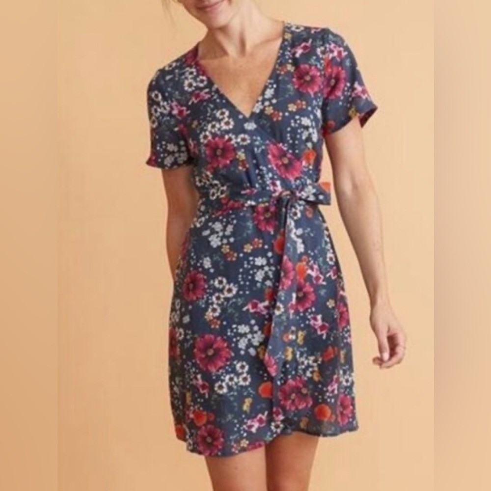 Marine Layer Frances Linen Tencel Short Sleeve Wrap Mini Dress Medium Floral