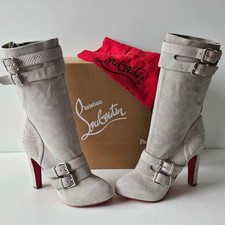 NEW CHRISTIAN LOUBOUTIN Loubi Grey Suede Buckle Platform Boot 38.5