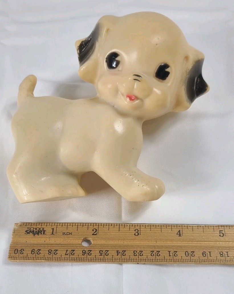 Ruth E Newton The Sun Rubber Co Dog Puppy Squeak Toy 1950s 4½" Beige & Black Vtg