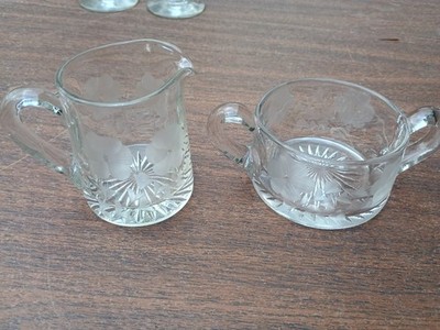 Crystal Floral Pressed Etched Cut Creamer and Sugar Set