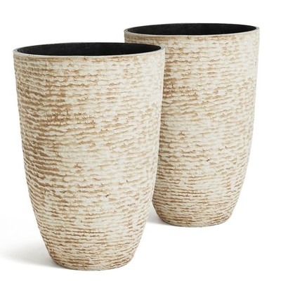 Tall Round Planters 14 Dia x 20.5 H Beige Flower Pots Set 2-14 Worth Gallon