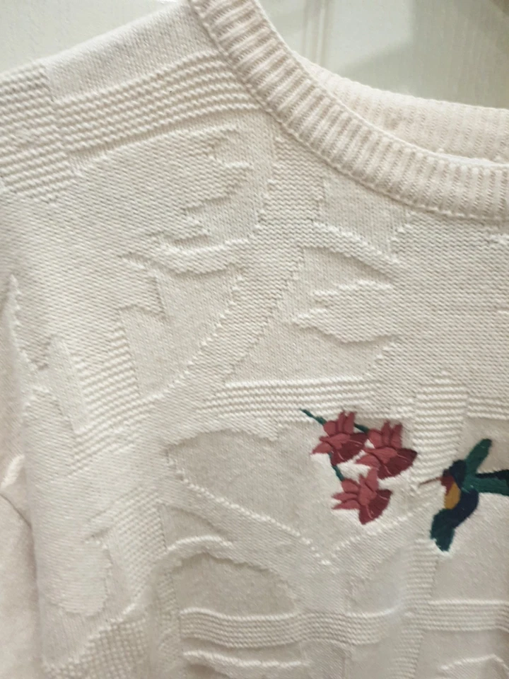 Suéter De Colección Isla De Algodón Para Hombre Grande Con Flor Colibrí Cuello Redondo EE. UU. 90s Foto 3 de 4